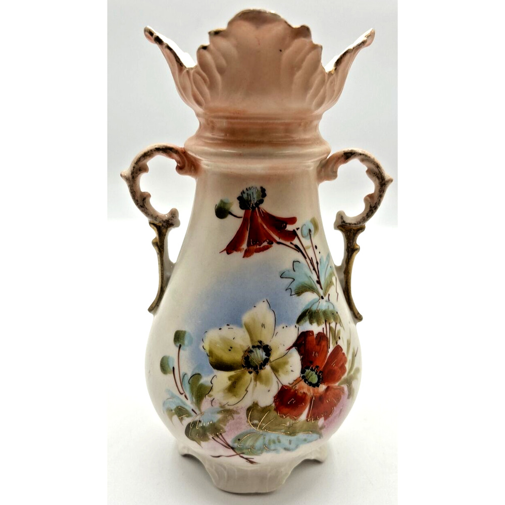 Vintage Vienna Austria Floral Print Gold Tone Detail Double Handle Vase U194